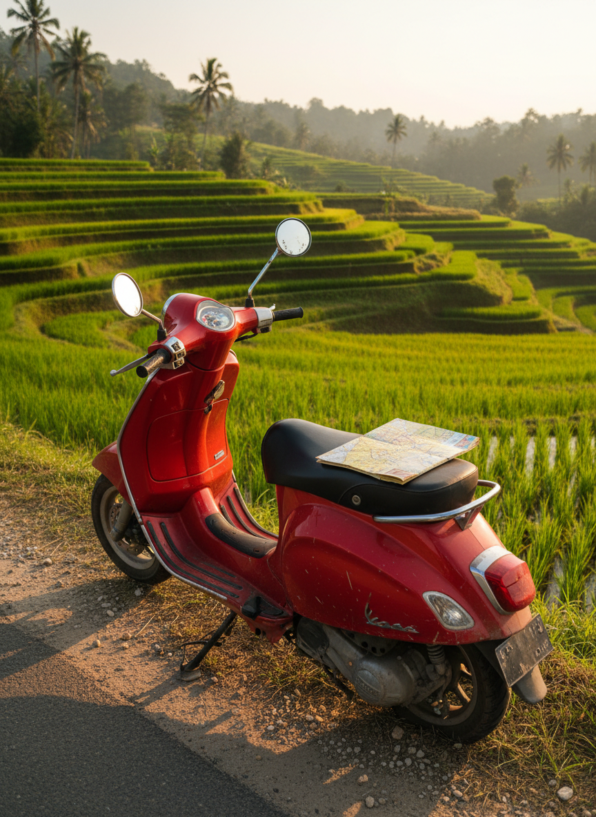 A gleaming red scooter parked precariously on a narrow roadside shoulder, its kickstand sunk slightly into crumbly dirt beside a lush Balinese rice terrace. The scooter’s mirrors are misaligned, one speckled with dried mud; a crumpled paper map sticks out from under the seat. Behind it, vivid green rice paddies step down the hillside, separated by thin, muddy paths and tiny irrigation channels that glint in the late afternoon sun. Golden hour light wraps the scooter in a warm glow, reflecting softly off its scratched bodywork. Photographic realism from a low three-quarter angle emphasizes the scooter against the dramatic landscape, with moderate depth of field and a lively, adventurous mood.