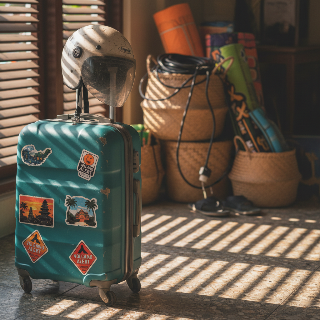 A battered teal carry-on suitcase plastered with faded Bali-themed stickers—temples, palm trees, cartoonish volcano warnings—stands slightly askew on a scuffed tile floor in a budget guesthouse lobby. A dented scooter helmet dangles from the handle, its visor smeared with dust and a faint handprint. In the background, out-of-focus woven baskets overflow with tangled extension cords and rolled beach mats. Late afternoon tropical light leaks in through slatted windows, casting striped shadows across the suitcase. Photographic realism at eye level, rule-of-thirds composition, with a shallow depth of field that keeps the suitcase razor sharp while the chaotic lobby softens into colorful bokeh, creating a playful, mildly chaotic atmosphere.