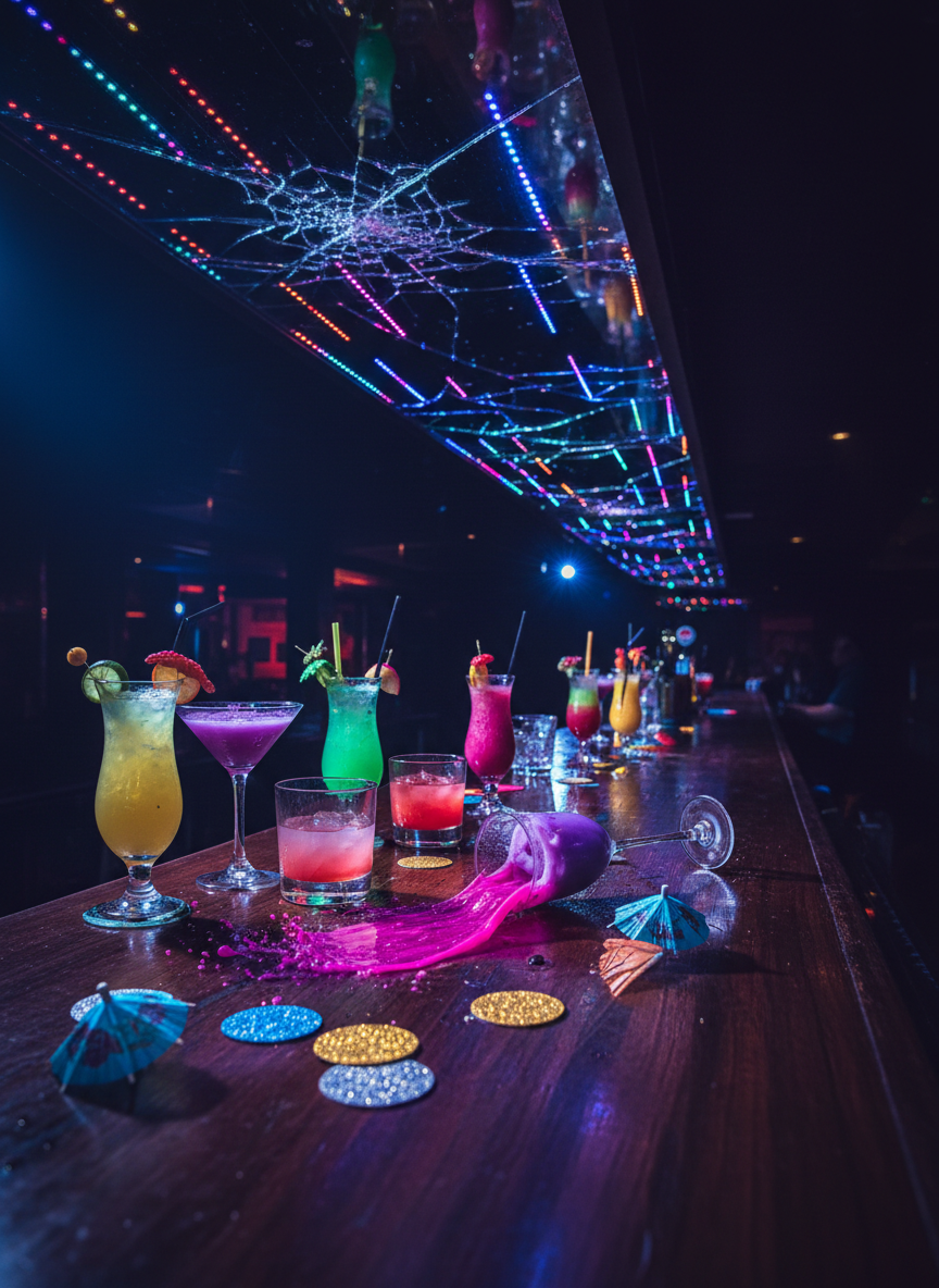 A polished wooden bar counter in a dimly lit Kuta nightclub, lined with an eclectic row of neon-colored cocktails and mocktails in mismatched glasses. One glass is toppled, liquid mid-splash, captured in crisp detail as it arcs toward a scattered pile of drink umbrellas and glittery coasters. In the blurred background, an explosion of colorful LED lights streaks across the ceiling, reflecting in a cracked mirror and on the glossy bar surface. Dramatic, saturated club lighting in magentas and electric blues creates sharp highlights and deep shadows. Photographic realism from a slightly elevated angle, with shallow depth of field that keeps the chaotic foreground in focus, conveying a wild, playful, almost cartoonishly messy nightlife atmosphere.
