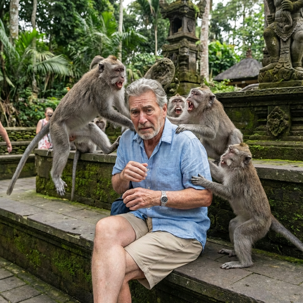 Terrified man sitting on stone steps while multiple monkeys aggressively climb on him.